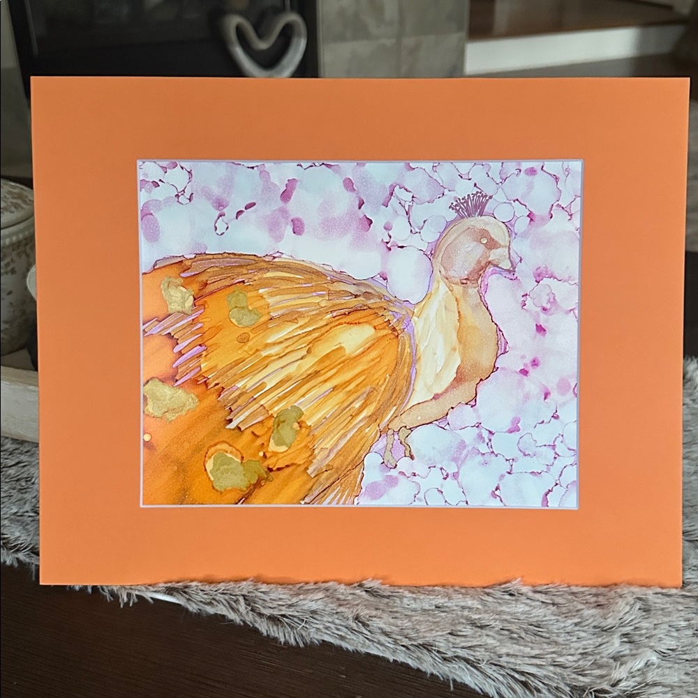 Handcrafted original orange Peacock alcohol ink painting wall art - Picture 4 of 8